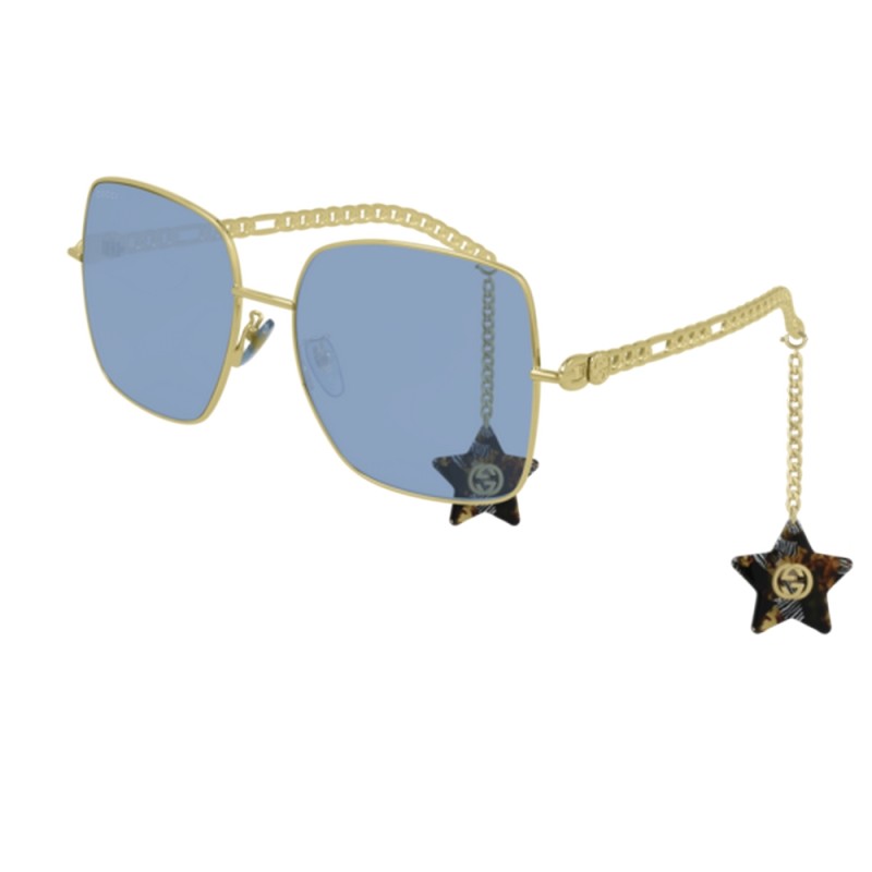 Gucci Sunglasses GG0724S 004 Gold Square Chain Frames Blue Gradient Lens  61MM